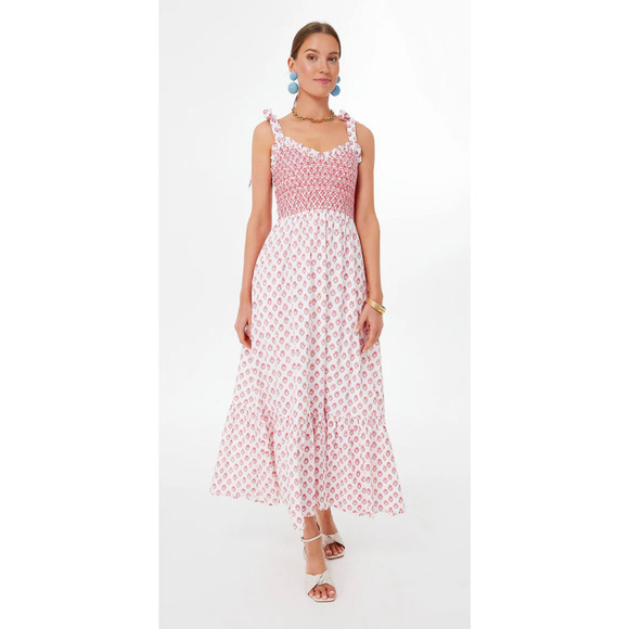 Pink City Prints Rose Meadow Red Block Jessica Maxi Dress Smocked Tuckernuck M - Picture 1 of 15